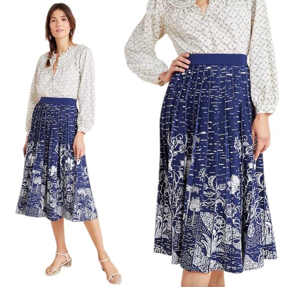 ANTHROPOLOGIE NWT White Floral & Navy Pleated Skirt – Size Large - Picture 10 of 10